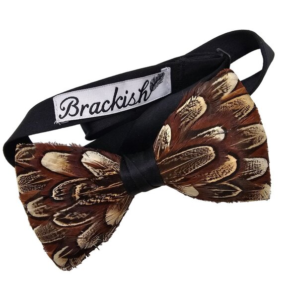 Authentic Brackish Pheasant Feather Bowtie Brown Black Artisan Crafted Handmade - Picture 1 of 16
